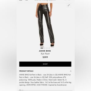 Anine Bing Black Faux Leather Straight Leg Pants